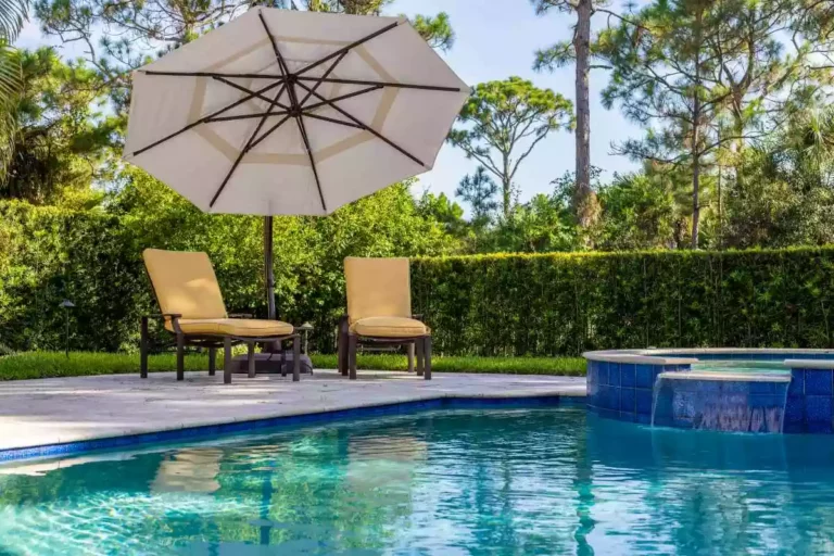 A pool with a spa, two sun loungers with an umbrella, hedges, trees, and short grass.